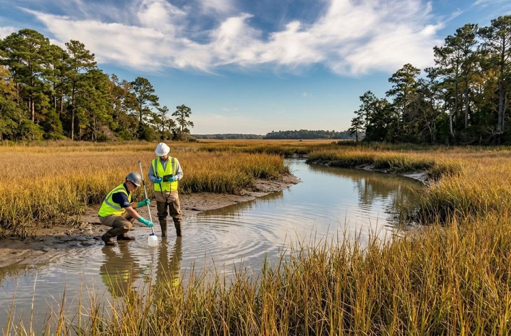 2 workers performing tests in a river