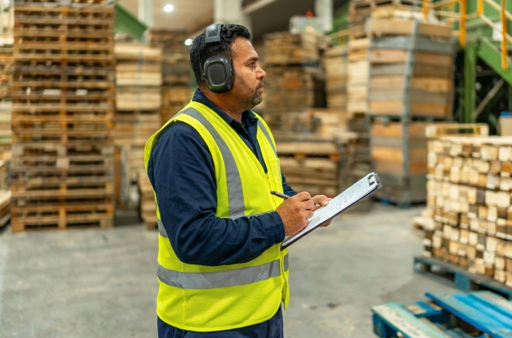 worker using hearing protection