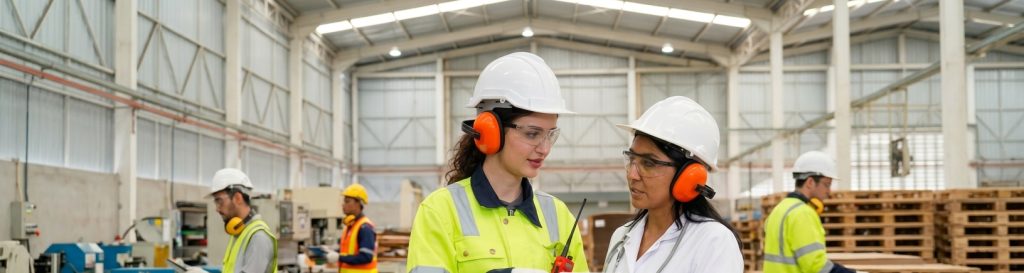 indoor facility workers with hearing protection